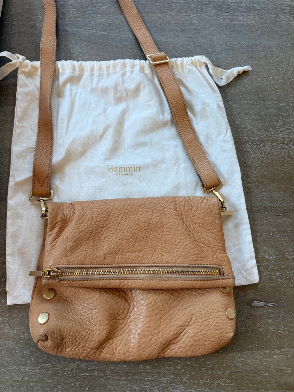 Hammitt VIP Medium Pebbled Tan Leather Crossbody with Gold Hardware